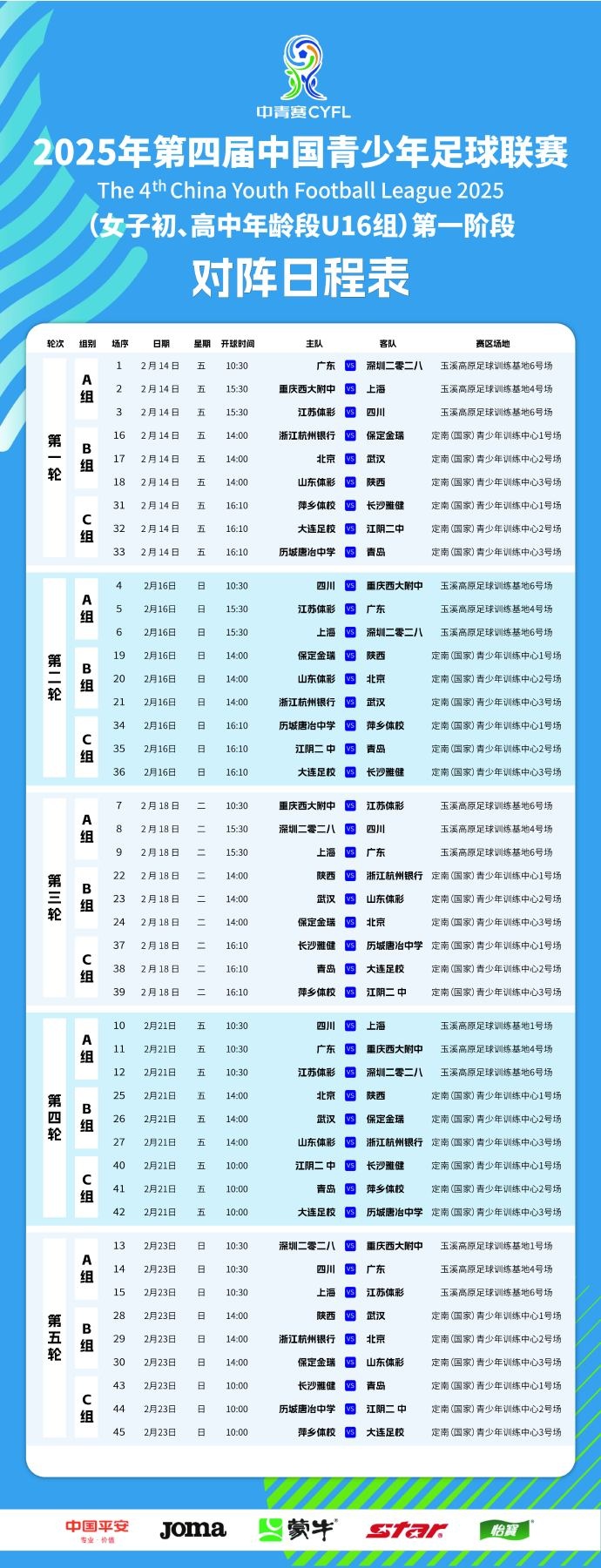 中国青少年足球联赛(女子初高中年龄段U16组)第一阶段竞赛日程