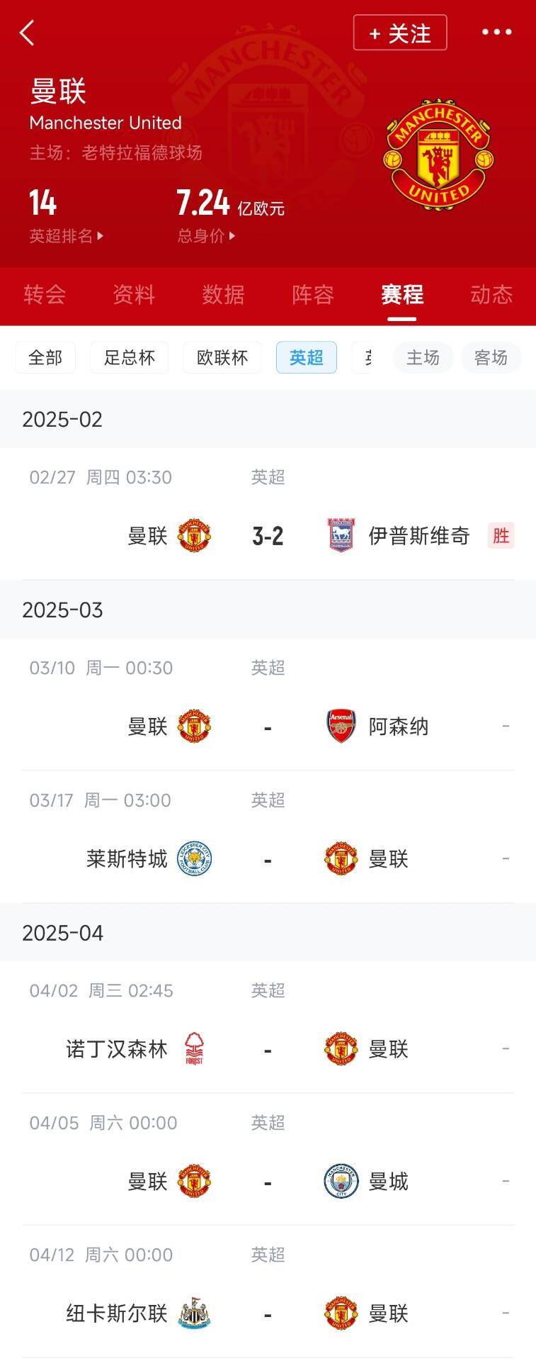 蓝狐救一下?曼联未来5轮将遭遇英超2/3/4/6名:枪手森林曼城纽卡